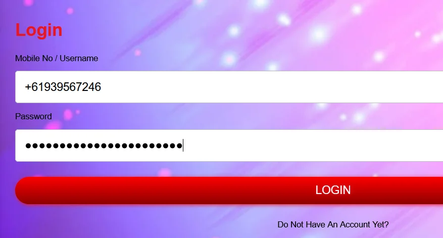 Playmeth login screen for mobile number or username